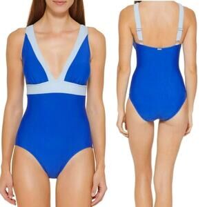 DKNY Lapis Swimsuit Size 16 Plunge Colorblock One Piece Plus Curvy Swim Blue NWT